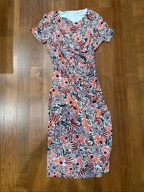 Boss Coral, Burgundy & Black Floral Print Midi Dress